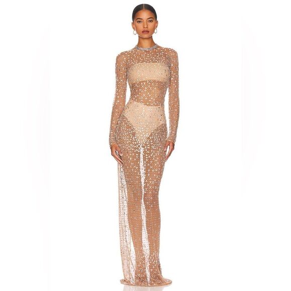 Retrofete Vinci Sequin Dress Embellished Sheer Maxi Gown Silver Nude Size XS NEW - Picture 1 of 6